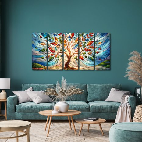 TABLOU 5-PIESE CU ARBORELE VIEȚII ÎN VITRALII COLORATE - TABLOURI ARBORII VIEȚII - TABLOURI