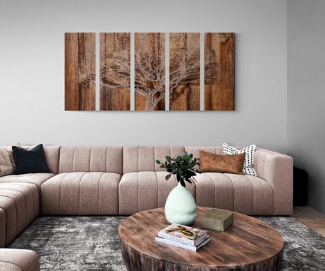 5-TEILIGES WANDBILD BAUM AUF HOLZHINTERGRUND - BILDER BÄUME DES LEBENS - BILDER