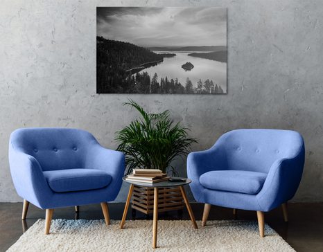 WANDBILD SEE BEIM SONNENUNTERGANG IN SCHWARZ-WEISS - SCHWARZ-WEISSE BILDER - BILDER