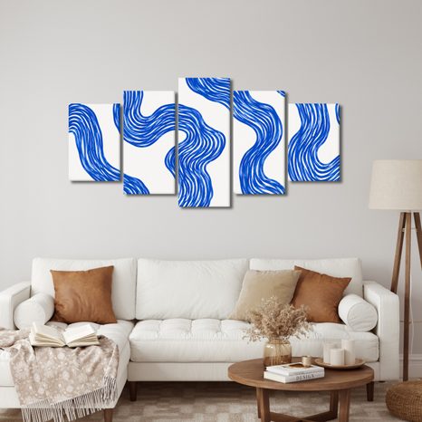 TABLEAU EN 5 PARTIES – LIGNES ONDULÉES BLEUES - IMAGES FORMES ABSTRAITES - TABLEAUX