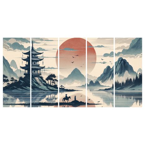 5-DÍLNÝ OBRAZ TICHÝ VEČER V JAPONSKU - OBRAZY VÝCHOD A ZÁPAD SLUNCE - OBRAZY