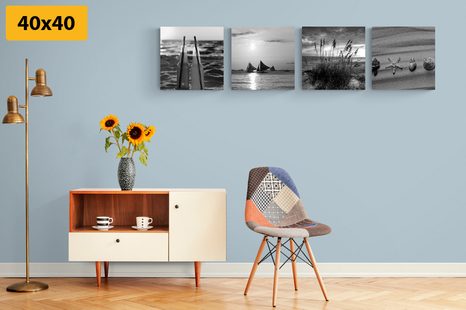 SET OBRAZŮ MOŘE A PLÁŽ V ČERNOBÍLÉM PROVEDENÍ - SESTAVY OBRAZŮ - OBRAZY