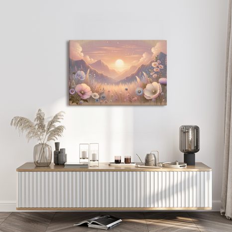 WANDBILD ROMANTISCHER SONNENUNTERGANG MIT WIESE - BILDER VON SONNENAUFGANG UND SONNENUNTERGANG - BILDER