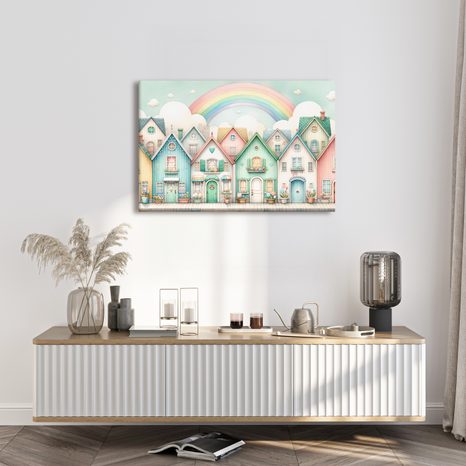 OBRAZ PASTELOVÉ DOMKY S DUHOU - DĚTSKÉ OBRAZY - OBRAZY