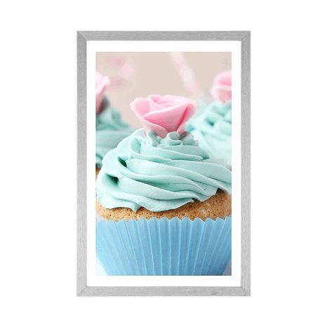 POSTER MIT PASSEPARTOUT BUNTE SÜSSE CUPCAKES - MIT KÜCHENMOTIV - POSTER