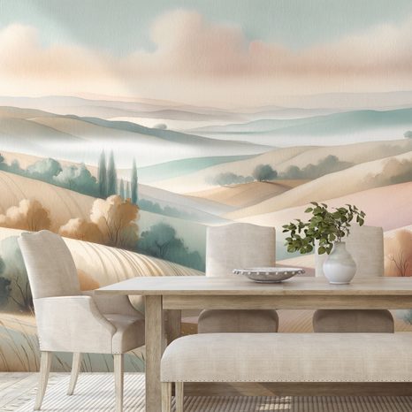 SAMOLEPÍCÍ FOTOTAPETA PASTELOVÁ KRAJINA S JEMNÝMI KOPEČKY - TAPETY POLE A LOUKY - TAPETY