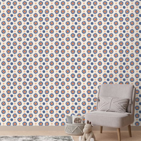 SAMOLEPÍCÍ TAPETA ORANŽOVO-MODRÉ KVĚTINOVÉ KRUHY - VZOROVANÉ TAPETY - TAPETY