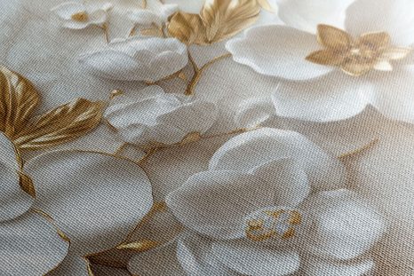 OBRAZ 3D KWIATY ZE ZŁOTYMI LIŚĆMI - OBRAZY KWIATÓW - OBRAZY