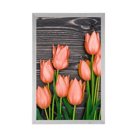 POSTER – TULIPANI ARANCIONI SU SFONDO DI LEGNO - FIORI - POSTER