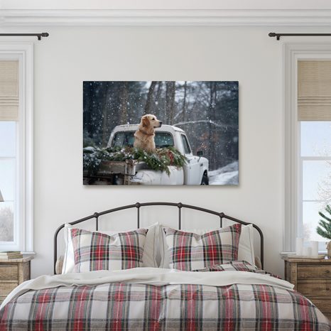 OBRAZ VÁNOČNÍ PES NA ZASNĚŽENÉ KORBĚ - VÁNOČNÍ A ZIMNÍ OBRAZY - OBRAZY