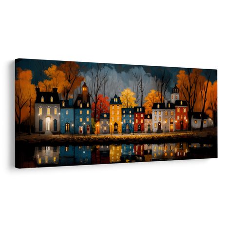 OBRAZ VÁNOČNÍ OSVĚTLENÉ DOMY - BAREVNÉ DOMY - OBRAZY