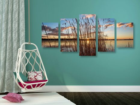 5-TEILIGES WANDBILD RUHIGER FLUSS BEIM DORF - BILDER VON NATUR UND LANDSCHAFT - BILDER