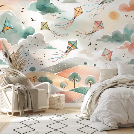 SELBSTKLEBENDE TAPETE PASTELLFARBENE FLIEGENDE DRACHEN AM HIMMEL - KINDERTAPETEN - TAPETEN