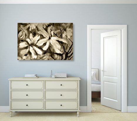 OBRAZ ROZKVETLÝ AKVARELOVÝ STROM V SÉPIOVÉM PROVEDENÍ - ČERNOBÍLÉ OBRAZY - OBRAZY