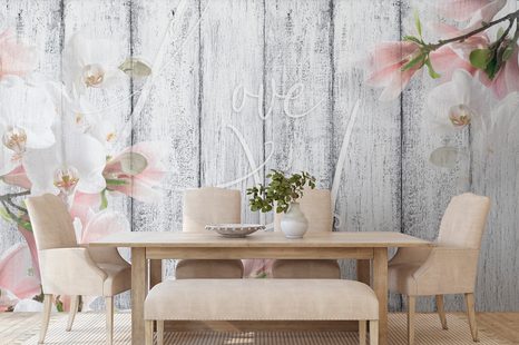 SAMOLEPÍCÍ TAPETA VINTAGE ORCHIDEJ S NÁPISEM - LOVE BEGINS AT HOME - SAMOLEPÍCÍ TAPETY - TAPETY