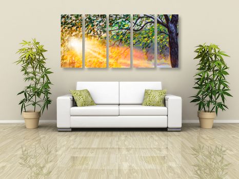 TABLOU 5-PIESE RĂSĂRIT DE SOARE ÎN PĂDURE - TABLOU NATURĂ ȘI PEISAJE NATURALE - TABLOURI