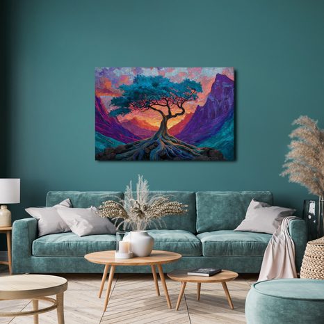 WANDBILD LEBENSBAUM IN DEN BERGEN - BILDER BÄUME DES LEBENS - BILDER