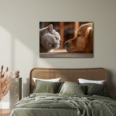 WANDBILD KATZENBLICK UND HUNDEFREUNDSCHAFT - BILDER TIERE - BILDER