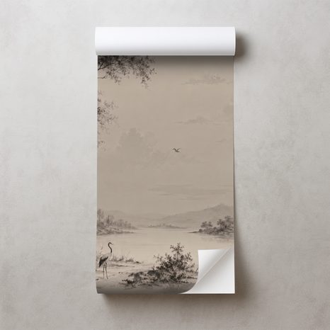 ZELFKLEVEND FOTOBEHANG VINTAGE LANDSCHAP MET KRAANVOGELS - FOTOBEHANG BOS - FOTOBEHANG