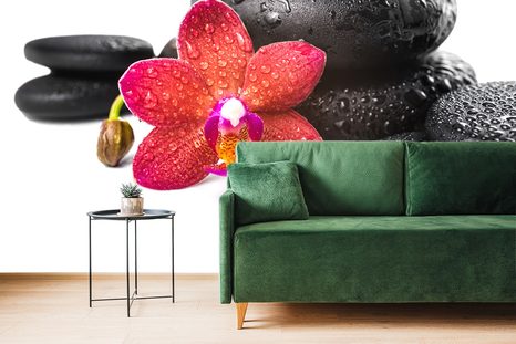 TAPETE ORCHIDEE UND ZEN-STEINE AUF WEISSEM HINTERGRUND - TAPETEN MIT FENG SHUI-MOTIVEN - TAPETEN