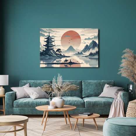 OBRAZ JAPONSKÁ KRAJINA S JEZDCEM - OBRAZY VÝCHOD A ZÁPAD SLUNCE - OBRAZY
