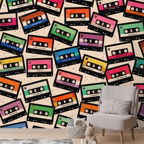 SELBSTKLEBENDE TAPETE RETRO BUNTE KASSETTEN - MUSIK FOTOTAPETEN - TAPETEN