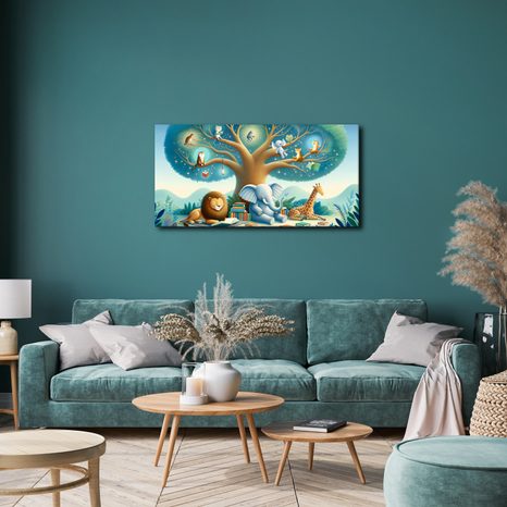 WANDBILD TIERE UNTER DEM BAUM MIT BUCH - KINDERBILDER TIERE - BILDER