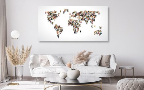 DECORATIVE PINBOARD WORLD MAP CONSISTING OF PEOPLE - PICTURES ON CORK - PICTURES