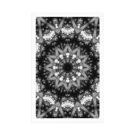 PLAGÁT MANDALA SO ZAUJÍMAVÝMI PRVKAMI V POZADÍ V ČIERNOBIELOM PREVEDENÍ - ČIERNOBIELE - PLAGÁTY