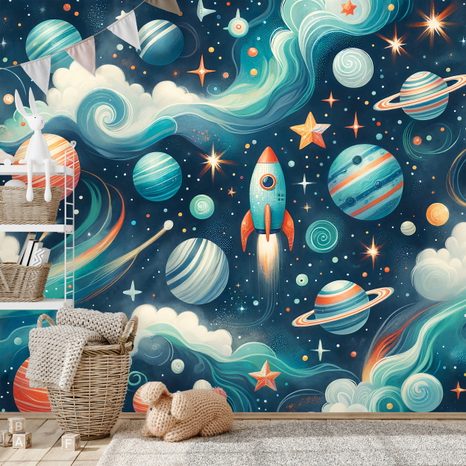 SELBSTKLEBENDE TAPETE BUNTER WELTRAUM MIT RAKETE - KINDERTAPETEN - TAPETEN