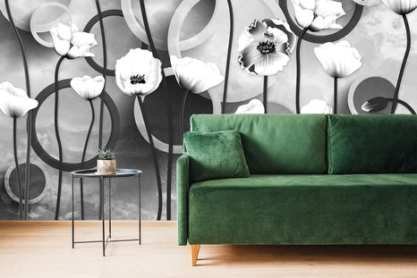 SAMOLEPÍCÍ TAPETA ČERNOBÍLÉ MÁKY NA ABSTRAKTNÍM POZADÍ - SAMOLEPÍCÍ TAPETY - TAPETY
