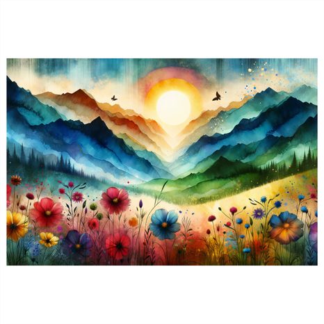 WANDBILD BERGE IN REGENBOGENFARBEN MIT WIESE - WANDBILDER FELDER UND WIESEN - BILDER