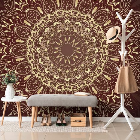 PAPIER PEINT MANDALA DORÉ SUR FOND BORDEAUX - FOND D'ÉCRAN FENG SHUI - PAPIER PEINT