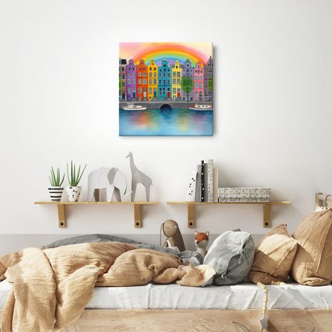 OBRAZ MĚSTSKÁ KRAJINA S DUHOU - BAREVNÉ DOMY - OBRAZY