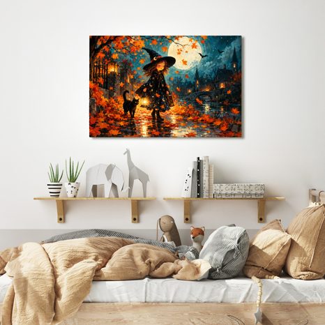 WANDBILD KLEINE HEXE IN DER HERBSTNACHT - HALLOWEEN- UND HORROR-BILDER - BILDER