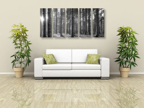 5-RÉSZES KÉP REGGEL AZ ERDŐBEN FEKETE FEHÉRBEN - FEKETE-FEHÉR KÉPEK - KÉPEK