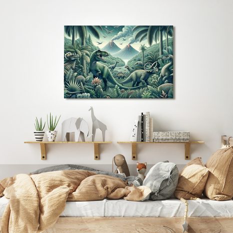 OBRAZ DINOSAUŘI V PRALESNÍ KRAJINĚ SE SOPKAMI - DĚTSKÉ OBRAZY ZVÍŘÁTKA - OBRAZY