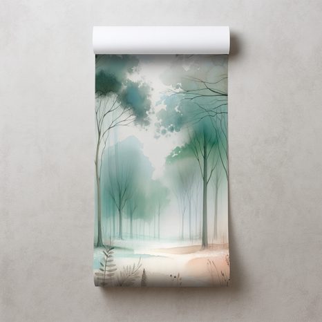 FOTOTAPETE AQUARELLWALD IM NEBEL - TAPETEN WALD - TAPETEN