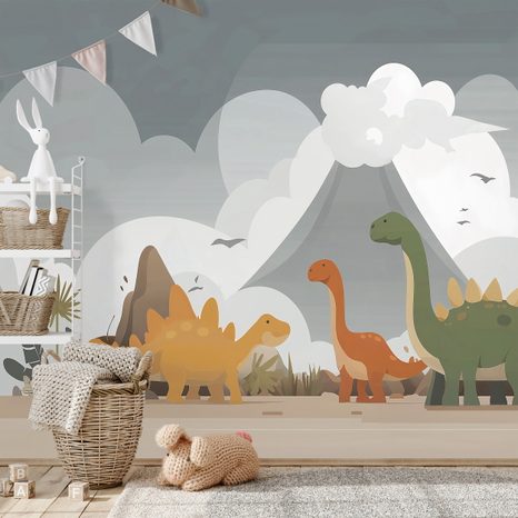 SAMOLEPÍCÍ TAPETA BAREVNÍ DINOSAUŘI V KRAJINĚ - DĚTSKÉ TAPETY - TAPETY