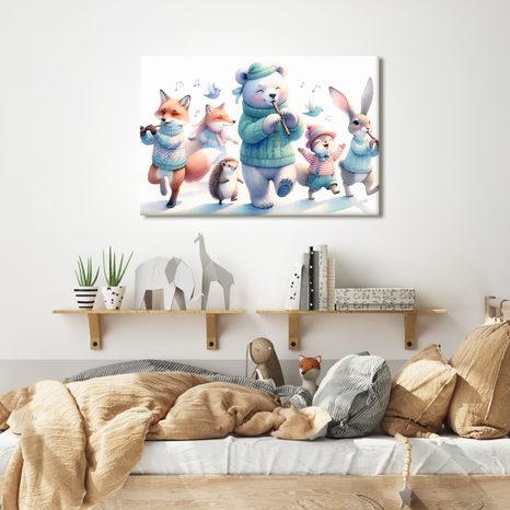 WANDBILD MUSIKALISCHE TIERPARADE IN WINTERLANDSCHAFT - KINDERBILDER TIERE - BILDER