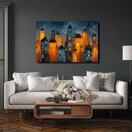 OBRAZ VÁNOČNÍ MĚSTO V NOCI - BAREVNÉ DOMY - OBRAZY