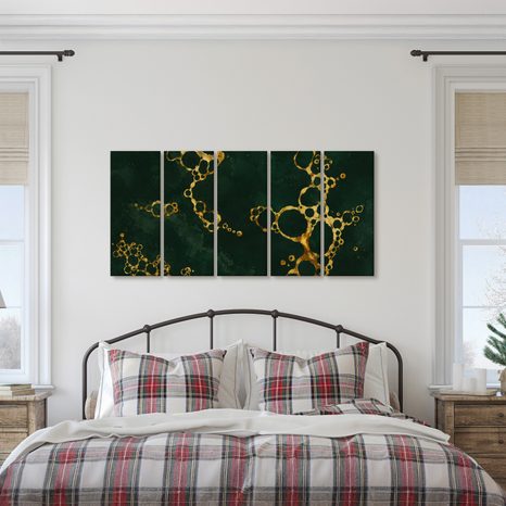 5-TEILIGES WANDBILD SMARAGDGRÜNE ABSTRAKTION MIT GOLD - WANDBILDER ABSTRAKTE FORMEN - BILDER