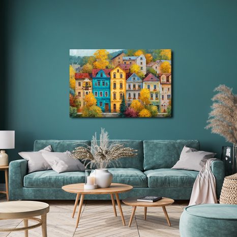 WANDBILD HERBSTLICHER ZAUBER IN DER STRASSE - BUNTE HÄUSER - BILDER