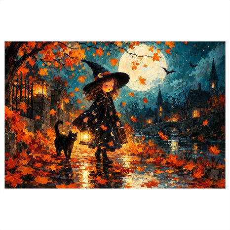 WANDBILD KLEINE HEXE IN DER HERBSTNACHT - HALLOWEEN- UND HORROR-BILDER - BILDER