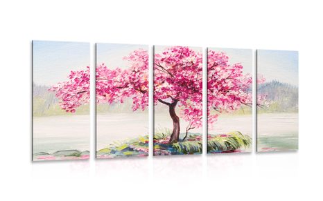 QUADRO IN 5 PARTI CILIEGIO ORIENTALE IN ROSA - QUADRI DI NATURA E PAESAGGIO - QUADRI