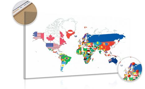 DECORATIVE PINBOARD WORLD MAP WITH FLAGS ON A WHITE BACKGROUND - PICTURES ON CORK - PICTURES