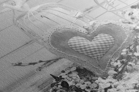 КАРТИНА НА ПЛАТНО – ВИНТИДЖ СЪРЧИЦЕ И ФЕНЕРЧЕТА В ЧЕРНО-БЯЛ ВАРИАНТ - ЧЕРНО-БЕЛИ КАРТИНИ - КАРТИНИ