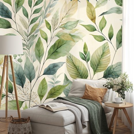 SAMOLEPÍCÍ TAPETA ZELENÉ AKVARELOVÉ LISTY NA BÉŽOVÉM POZADÍ - TAPETY LISTY - TAPETY