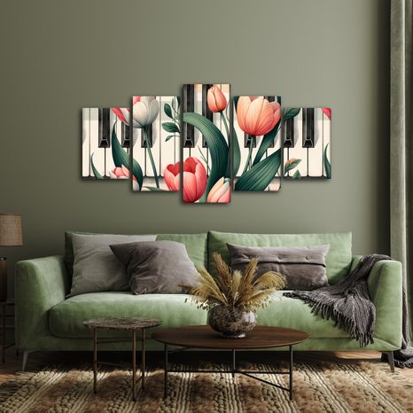 5-DÍLNÝ OBRAZ JARNÍ TÓNY KVĚTIN NA KLAVIATUŘE - OBRAZY KVĚTŮ - OBRAZY