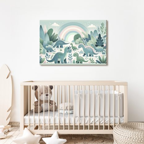 WANDBILD FRÖHLICHE DINOSAURIER IM MÄRCHENWALD - KINDERBILDER TIERE - BILDER